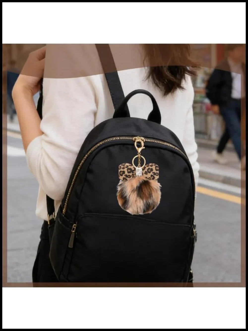 Leopard Faux Fur Keychain Purse Charm Plush Ball Keyring Bag Accessory